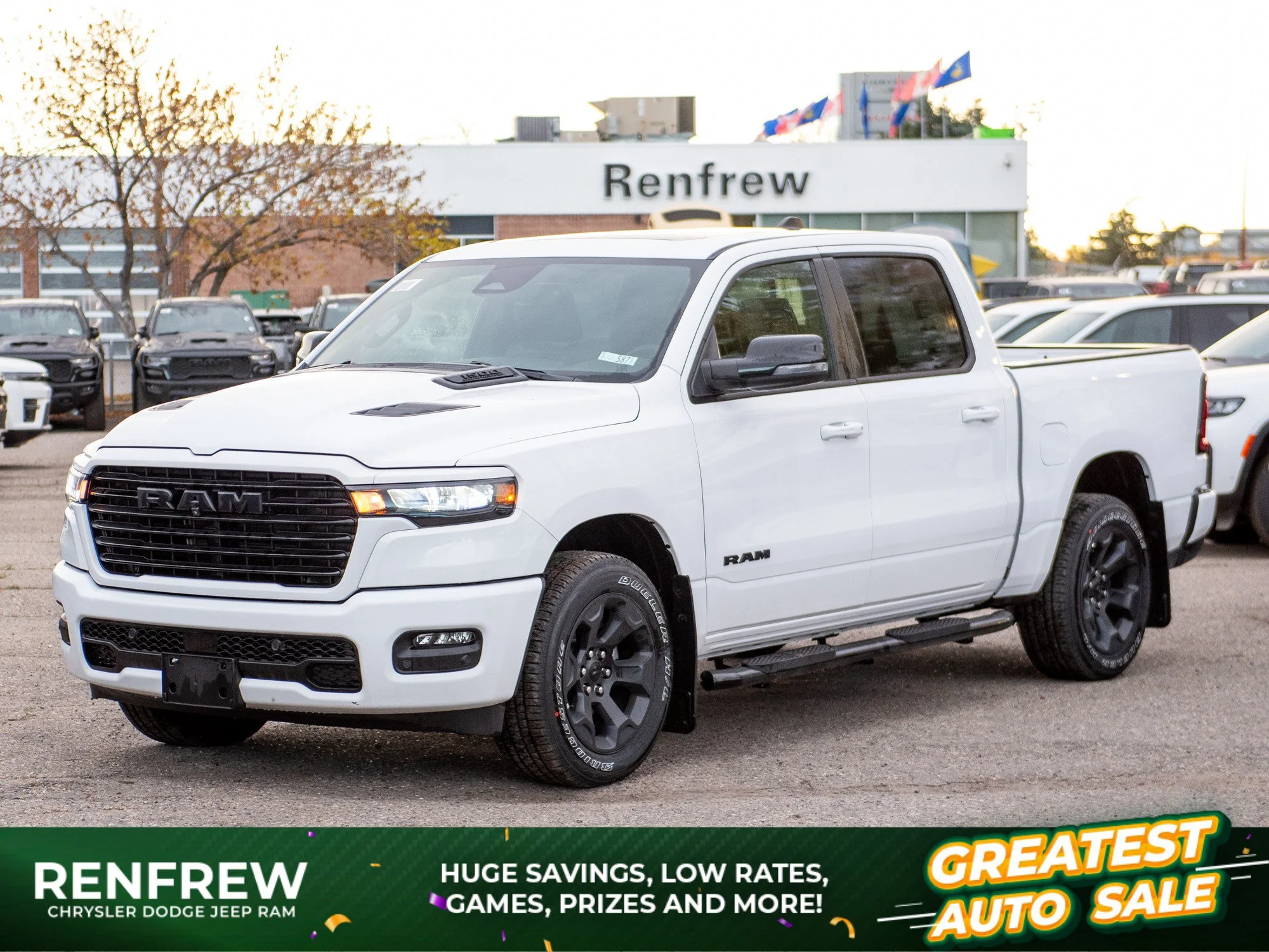 New 2026 White RAM Sport* Crew Cab 4x4, Panoramic Sunroof, Heated Seats/Wheel, Alpine Audio image 1
