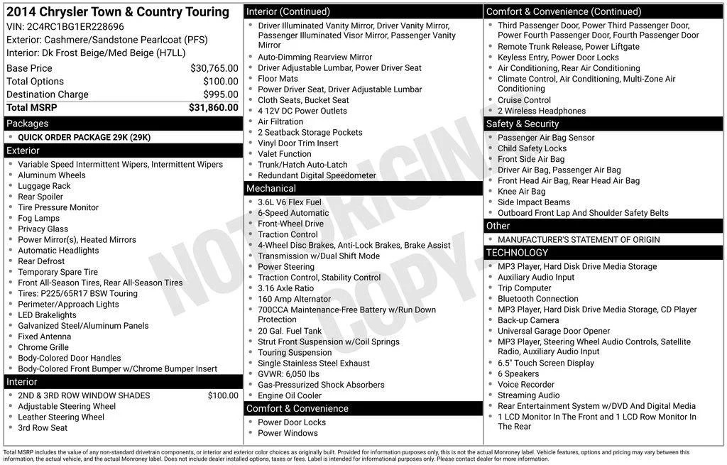 Used 2014 Chrysler Town & Country Touring with VIN 2C4RC1BG1ER228696 for sale in Huron, SD