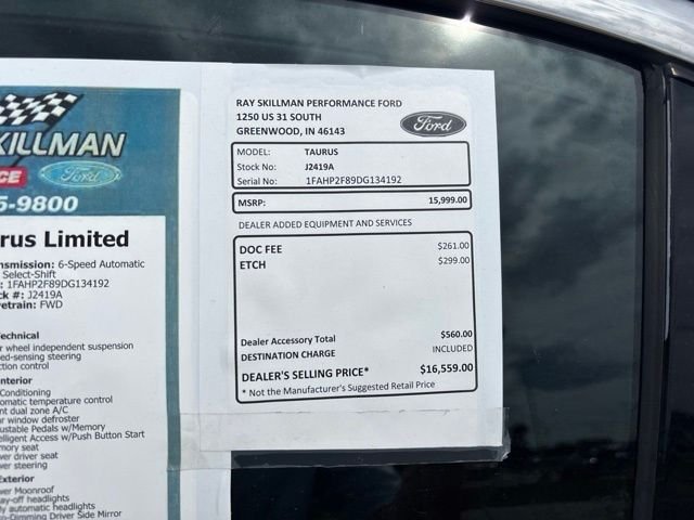 Used 2013 Ford Taurus Limited with VIN 1FAHP2F89DG134192 for sale in Greenwood, IN