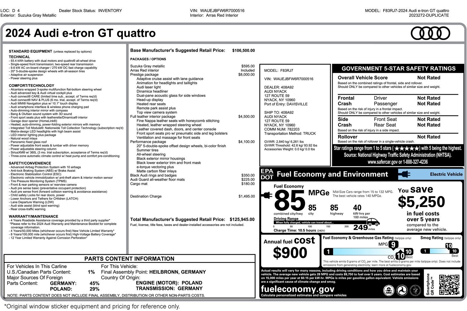 Used 2024 Audi e-tron GT Prestige with VIN WAUEJBFW6R7000516 for sale in Costa Mesa, CA