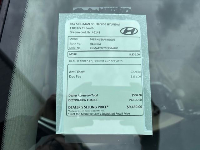 Used 2015 Nissan Rogue S with VIN KNMAT2MT5FP524286 for sale in Greenwood, IN
