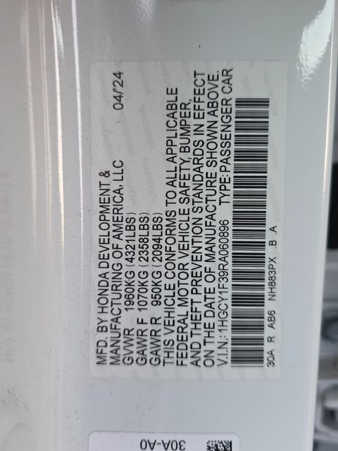 Used 2024 Platinum White Pearl Honda EX image 2