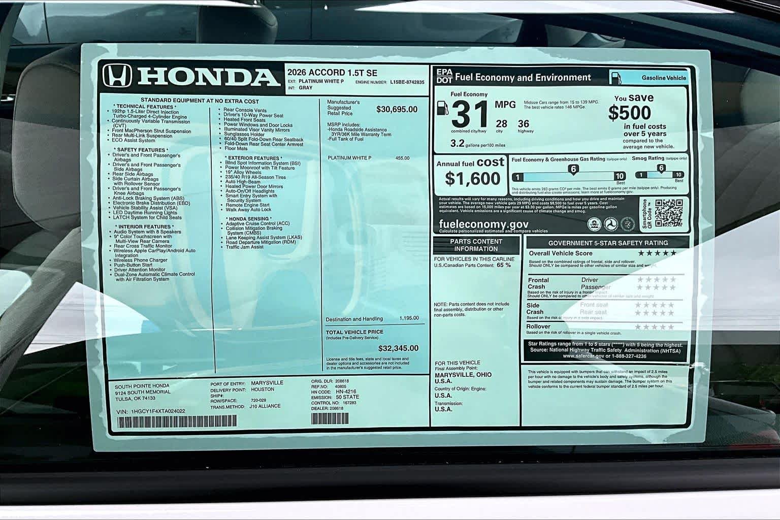New 2026 Platinum White Pearl Honda SE image 19