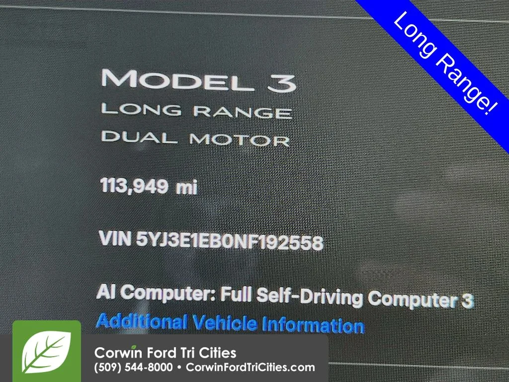 Used 2022 Tesla Model 3 Long Range with VIN 5YJ3E1EB0NF192558 for sale in Pasco, WA