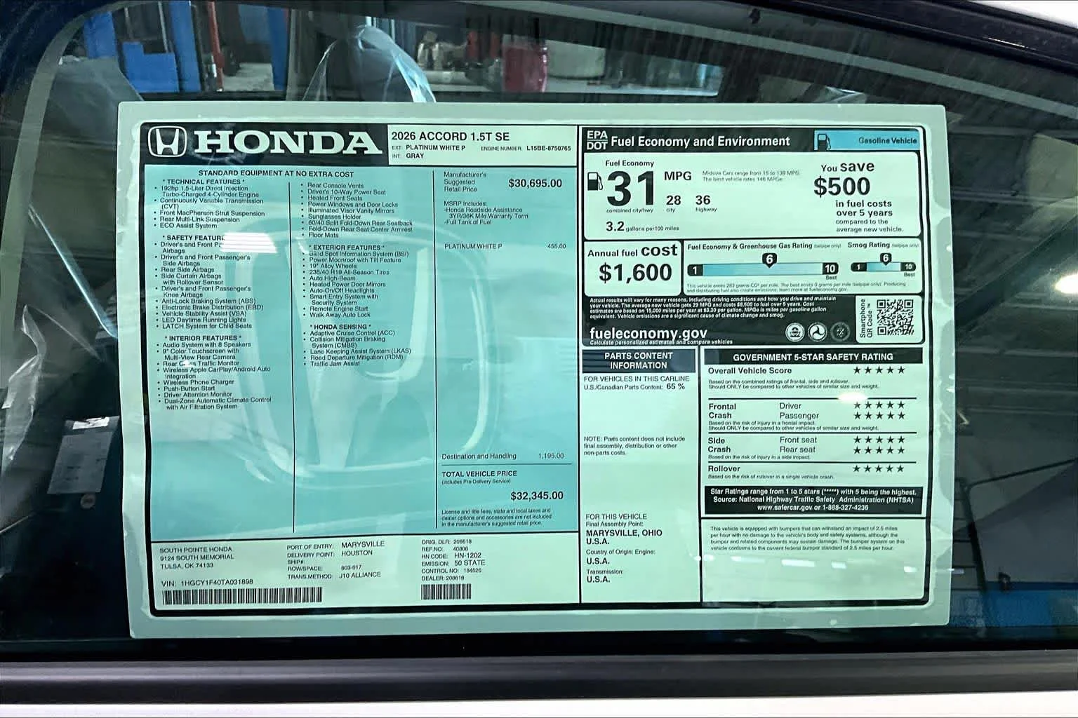 New 2026 Platinum White Pearl Honda SE image 19