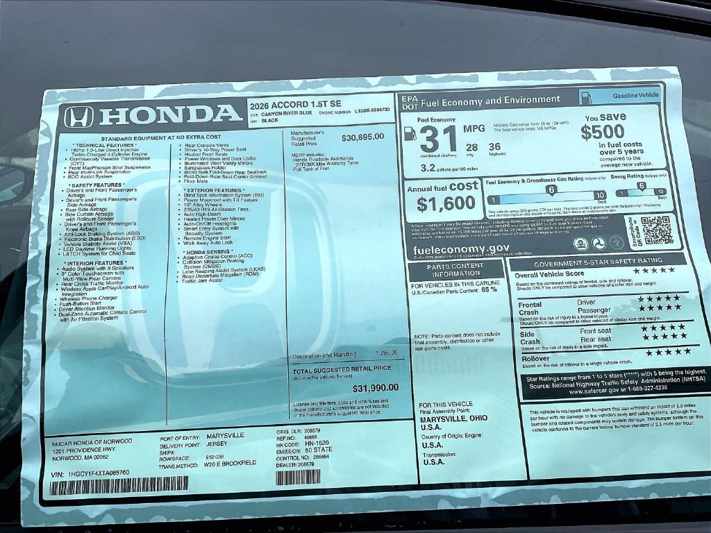 New 2026 Canyon River Blue Metallic Honda SE image 16