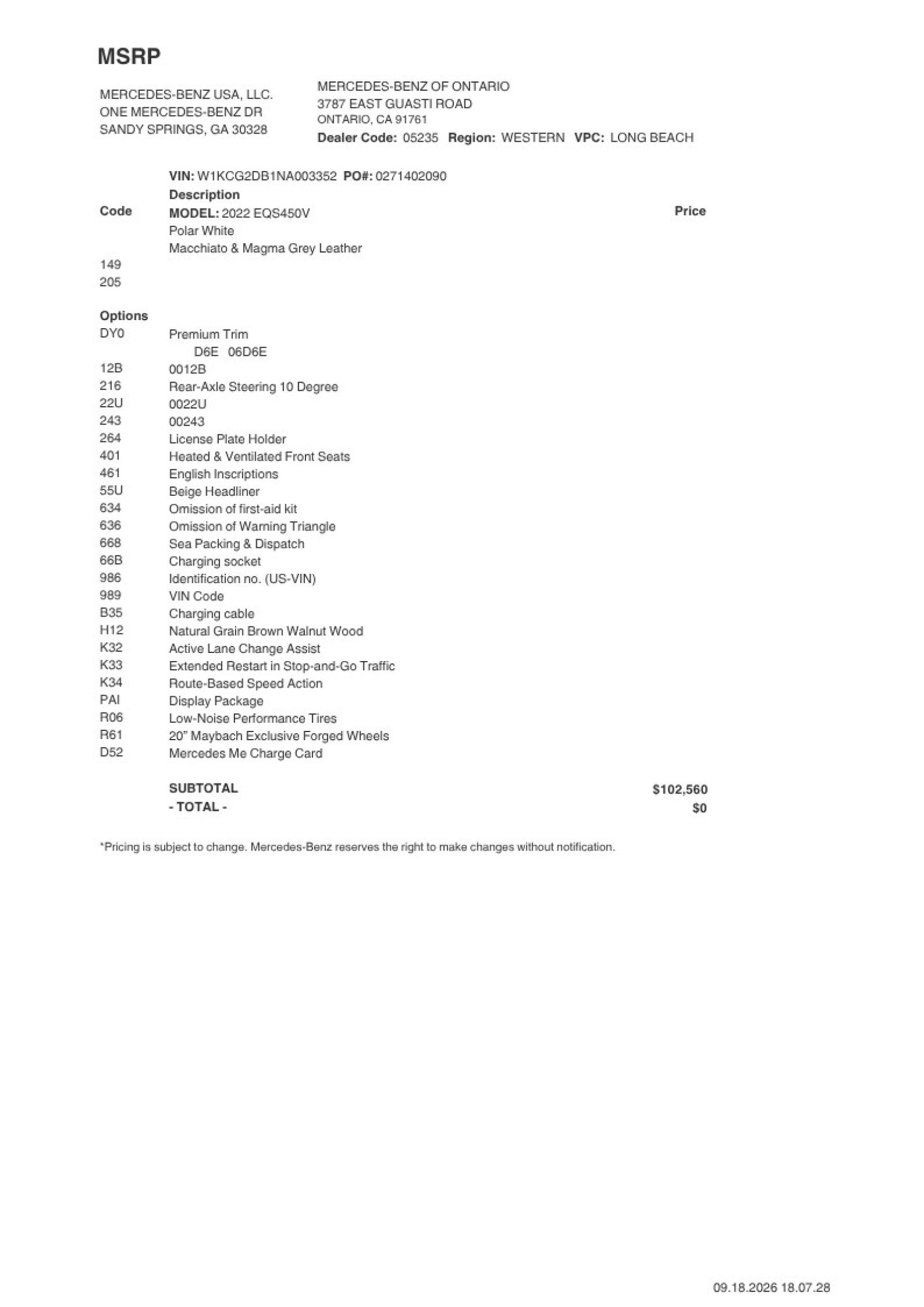 Certified 2022 Mercedes-Benz EQS Base with VIN W1KCG2DB1NA003352 for sale in Ontario, CA