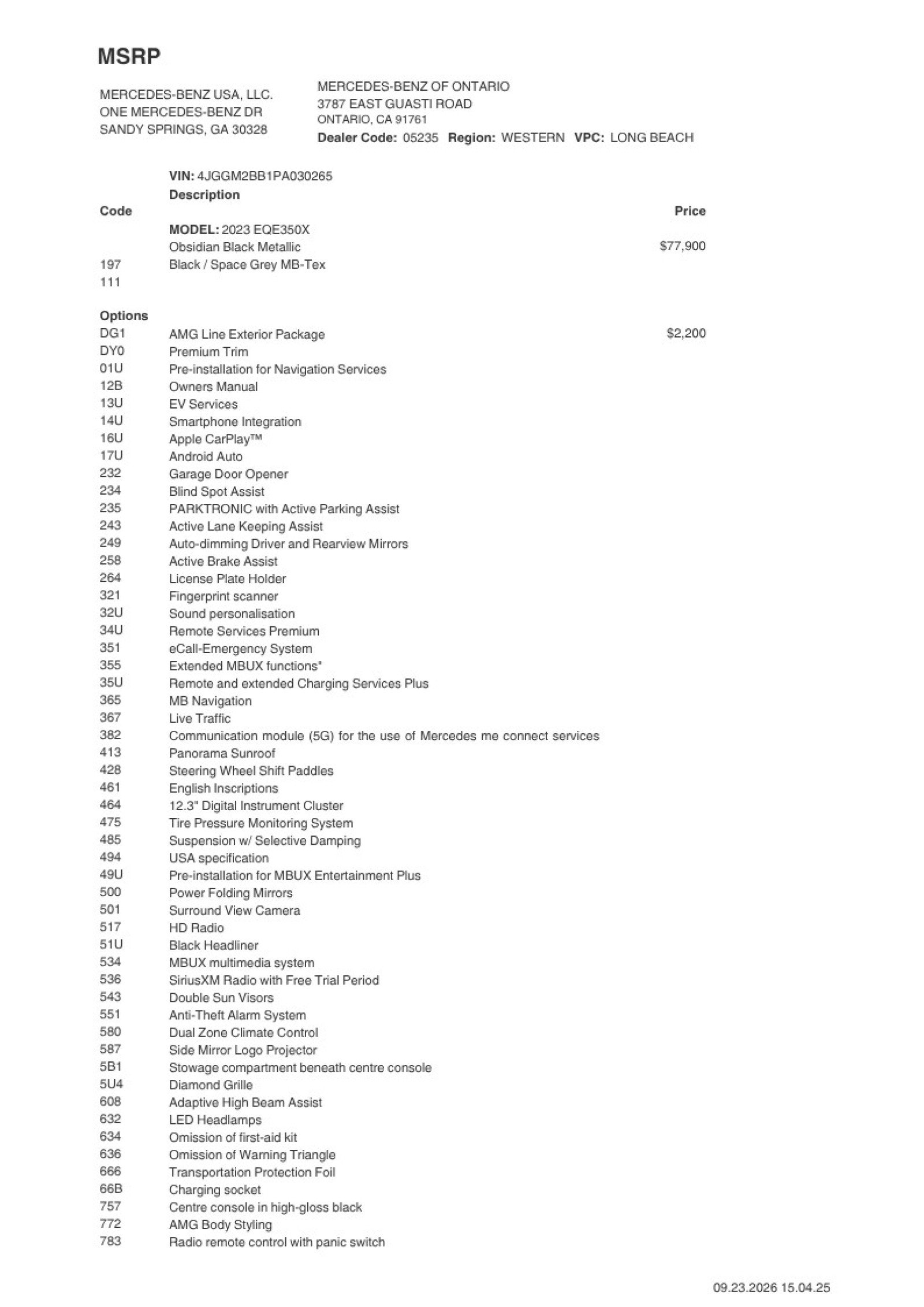 Certified 2023 Mercedes-Benz EQE SUV Base with VIN 4JGGM2BB1PA030265 for sale in Ontario, CA