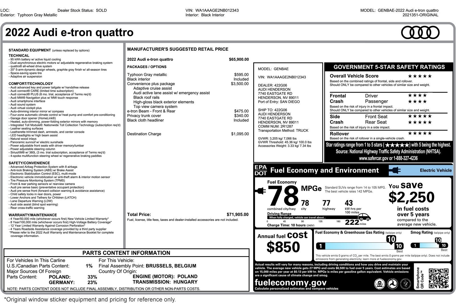 Used 2022 Audi e-tron Premium with VIN WA1AAAGE2NB012343 for sale in Costa Mesa, CA