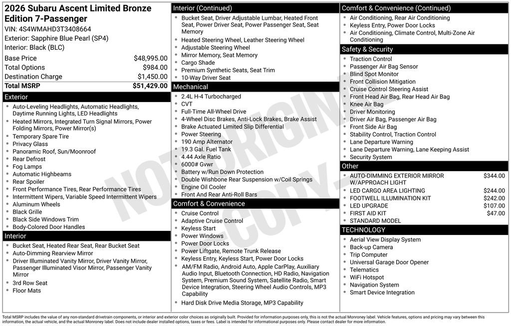 New 2026 SAPPHIRE BLUE PEARL Subaru Limited Bronze Edition 7-Passenger image 4