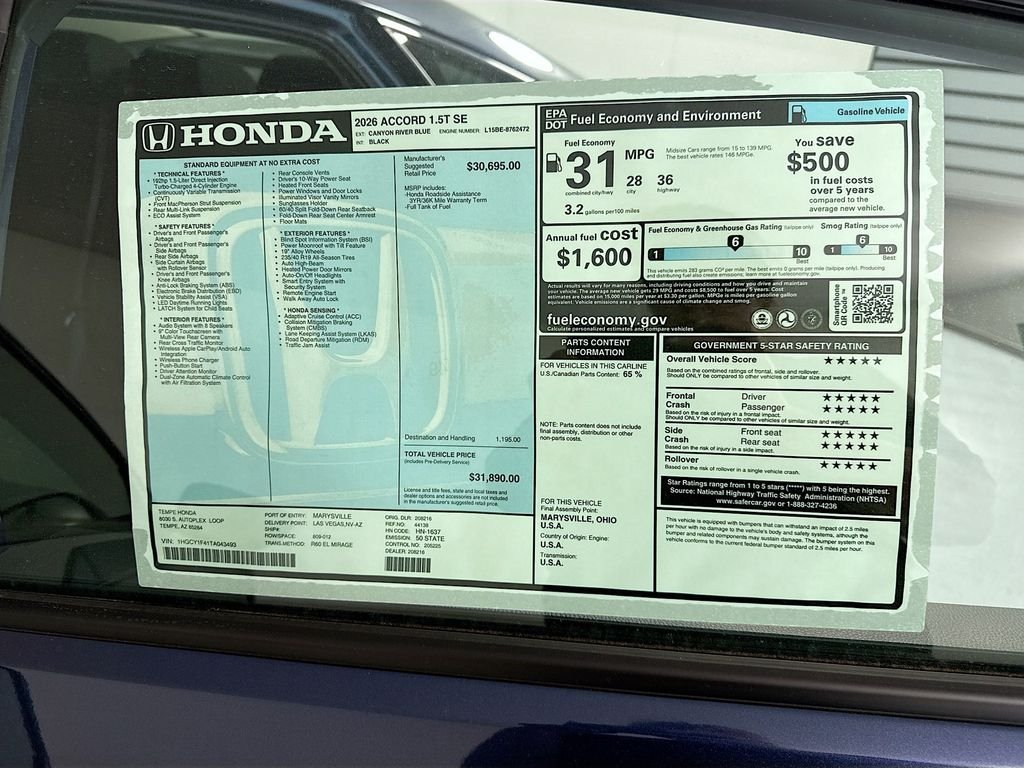 New 2026 Canyon River Blue Metallic Honda SE image 9