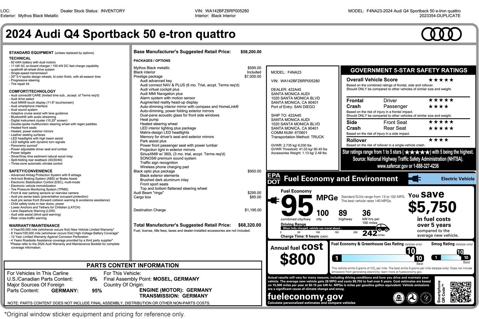 Used 2024 Audi Q4 Sportback e-tron Prestige with VIN WA142BFZ6RP005280 for sale in Costa Mesa, CA