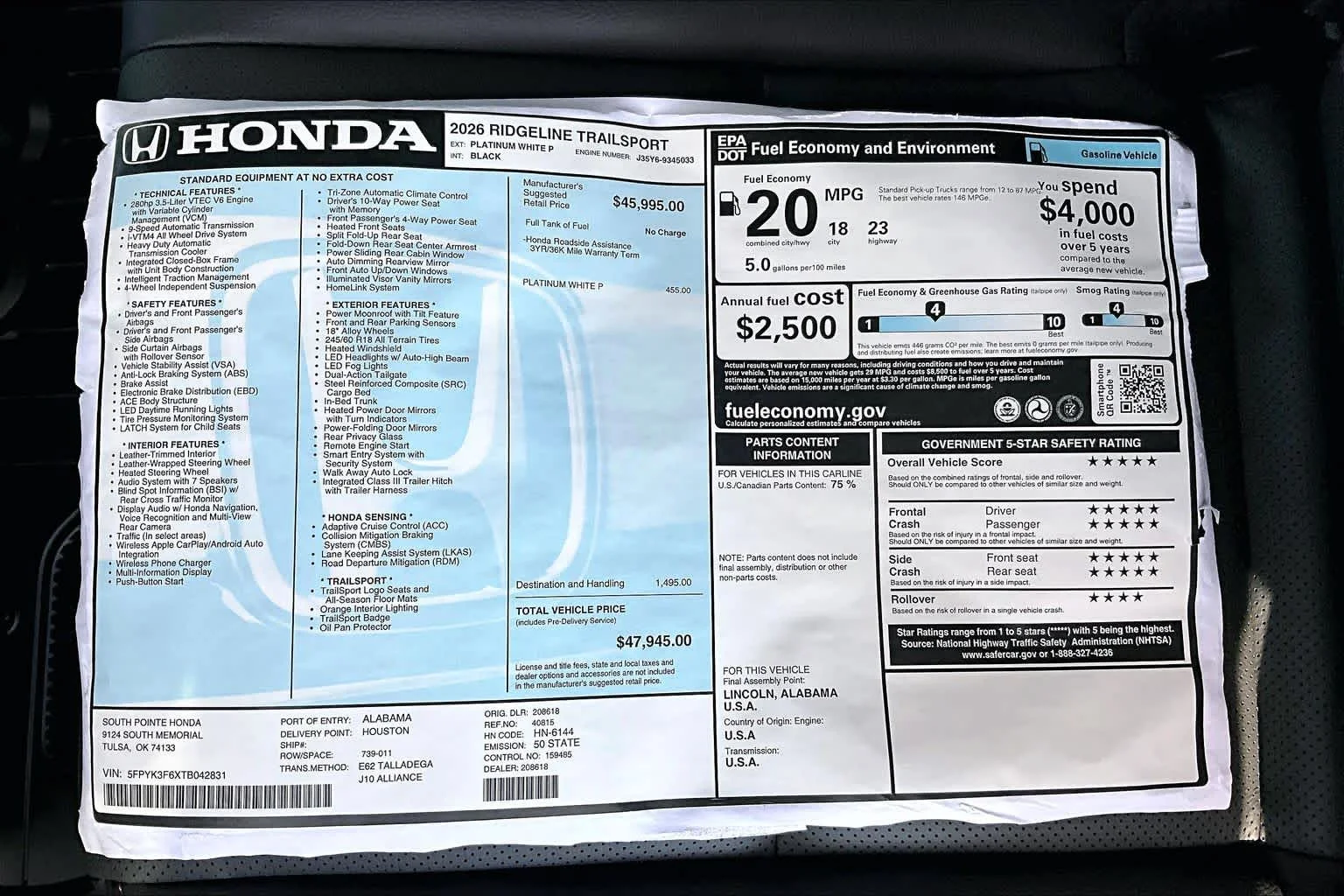 New 2026 Platinum White Pearl Honda TrailSport image 21