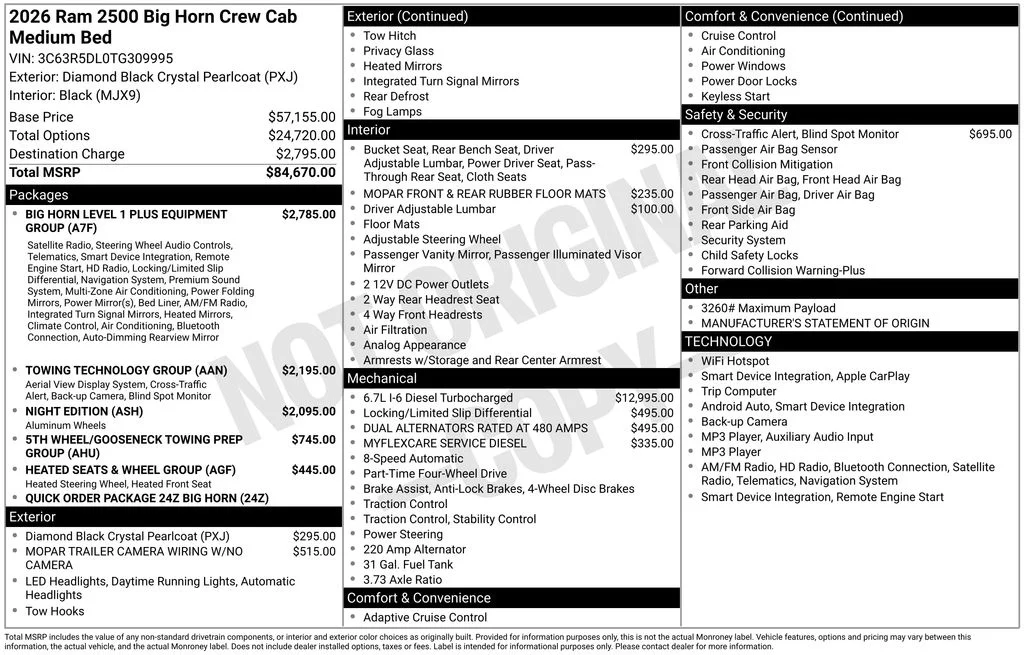 New 2026 Diamond Black Crystal Pearl-Coat Exterior Paint RAM Big Horn Night Edition image 145