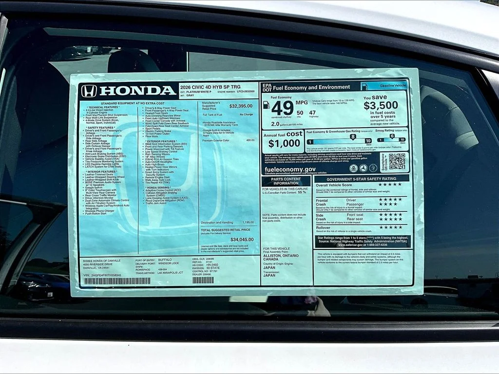 New 2026 Platinum White Pearl Honda 2WD Sport Touring Hybrid image 29