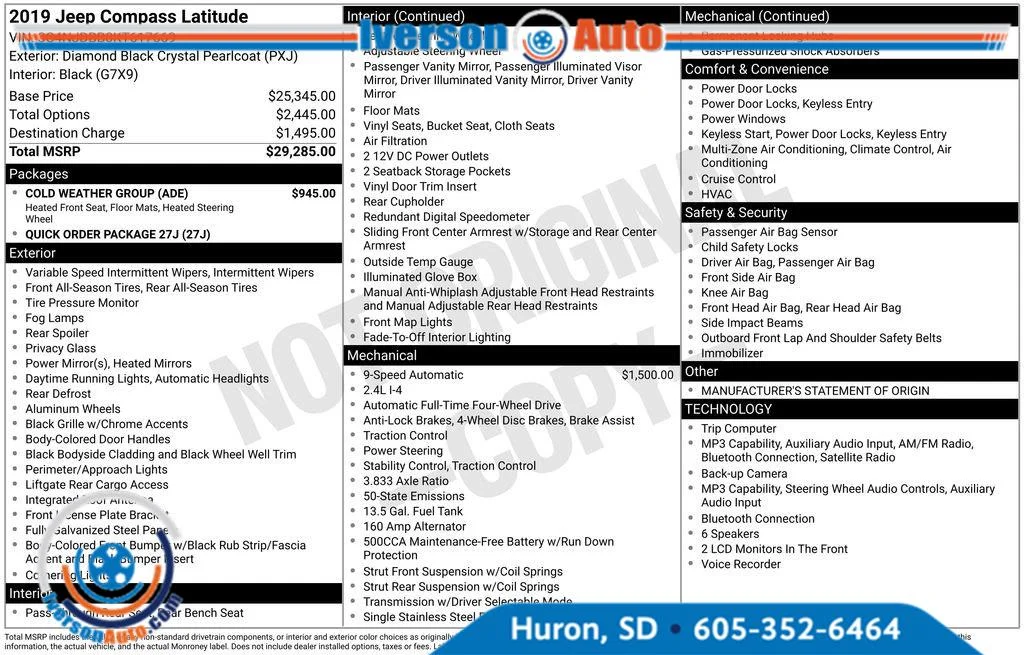 Used 2019 Jeep Compass Latitude with VIN 3C4NJDBB0KT617669 for sale in Huron, SD