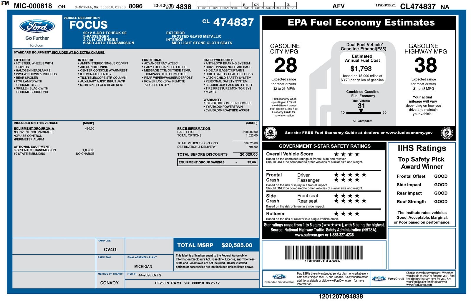 Used 2012 Ford Focus SE with VIN 1FAHP3K21CL474837 for sale in North Olmsted, OH