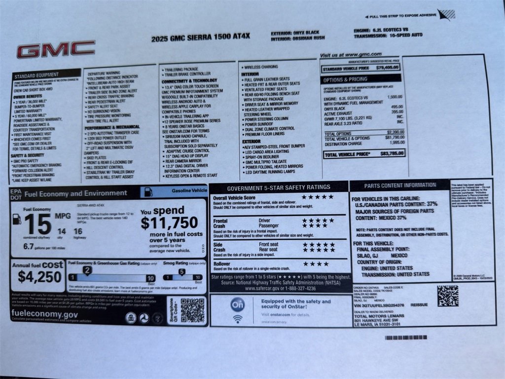 Used 2025 GMC Sierra 1500 AT4X with VIN 3GTUUFEL5SG254376 for sale in Kansas City