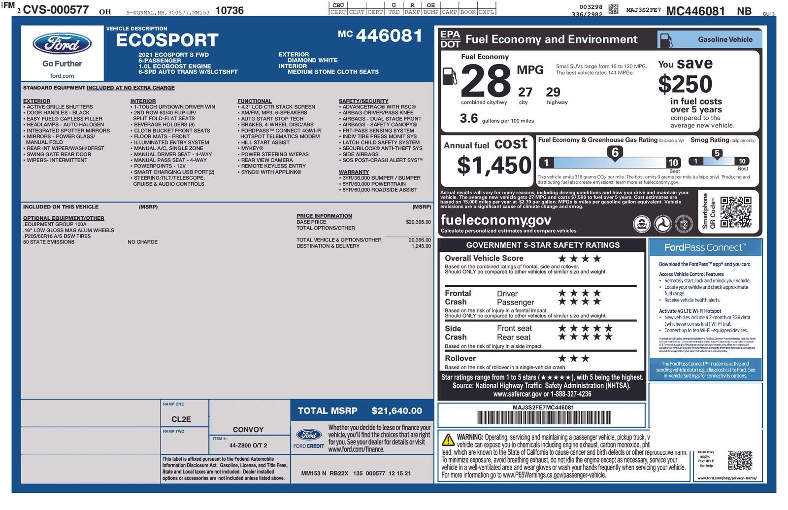 Used 2021 Ford EcoSport S with VIN MAJ3S2FE7MC446081 for sale in North Olmsted, OH