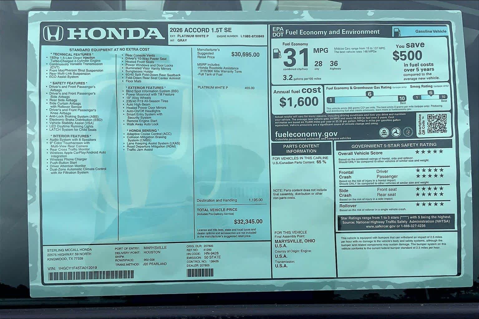 New 2026 Platinum White Pearl Honda SE image 22