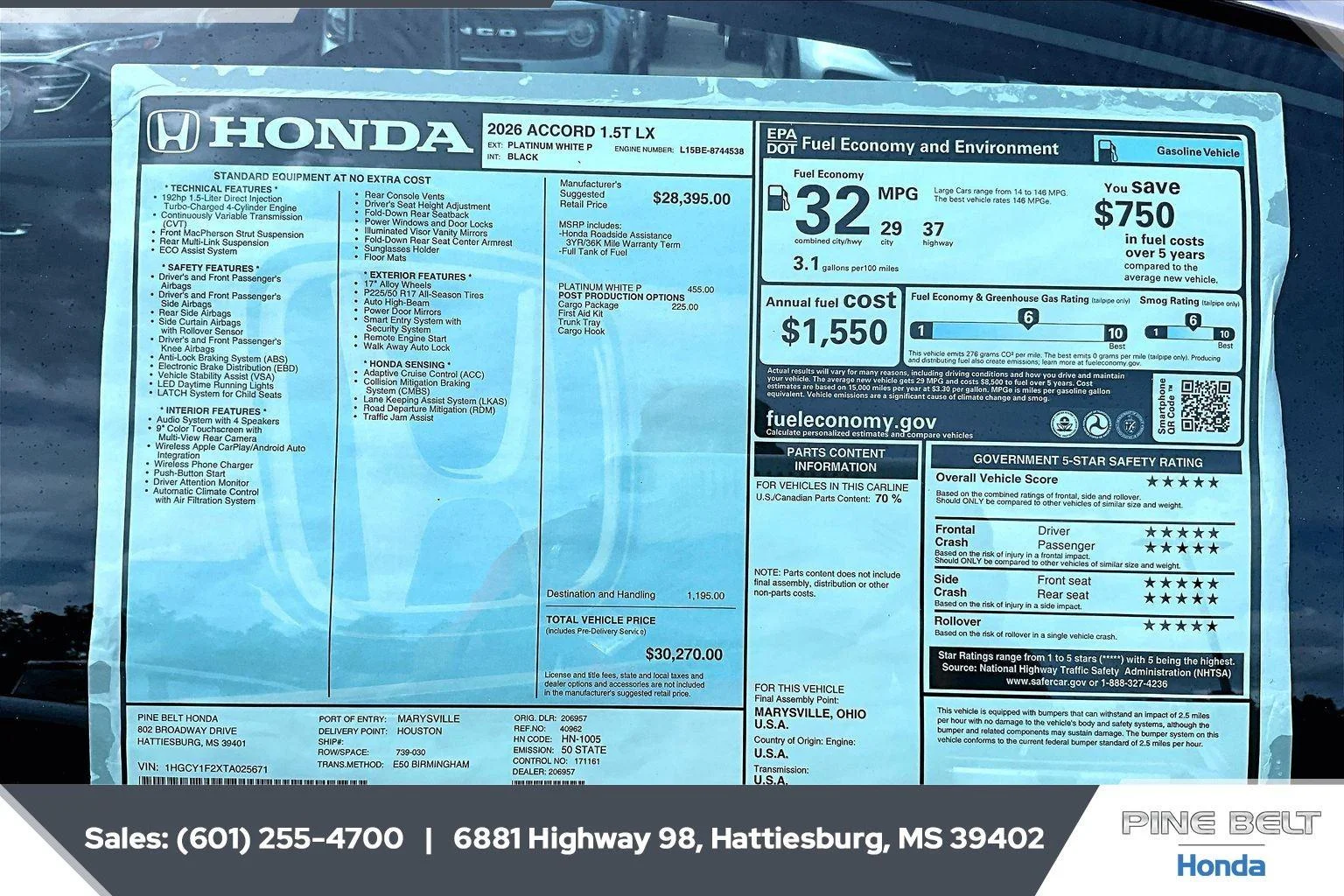 New 2026 Platinum White Pearl Honda LX image 12