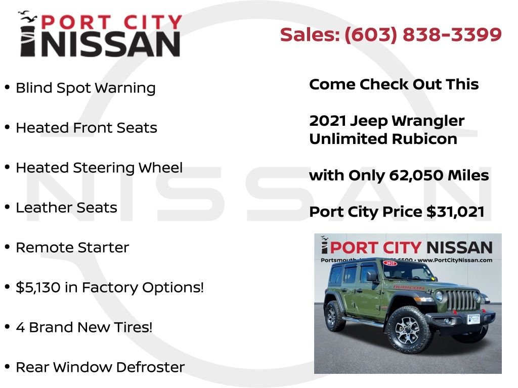 Used 2021 Sarge Green Clearcoat Jeep Unlimited Rubicon w/cold weather pkg, safety group & hard top image 15