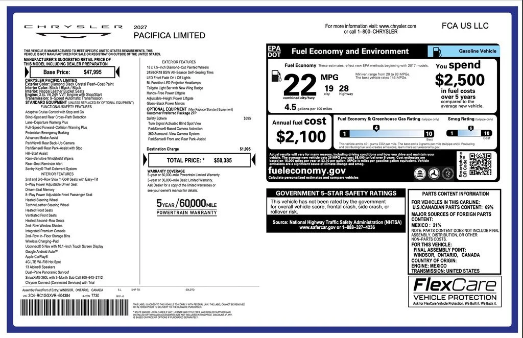New 2027 Diamond Black Crystal Pearl-Coat Paint Chrysler Limited image 2