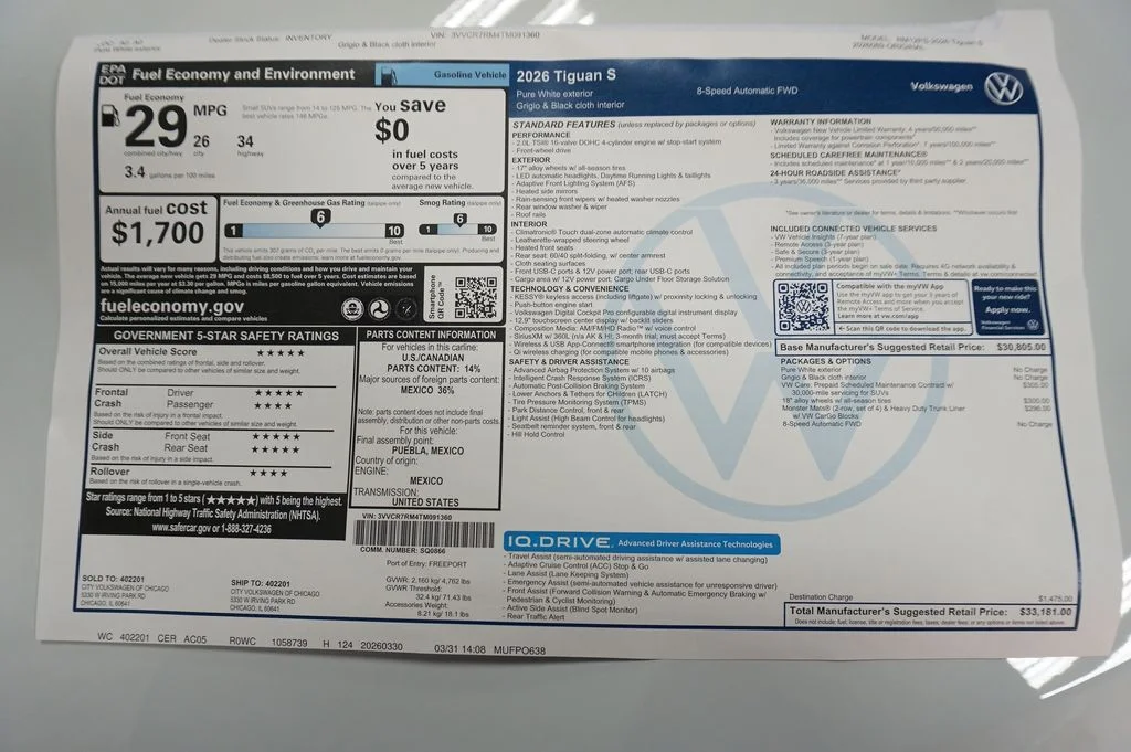 New 2026 Pure White Volkswagen 2.0T S image 32