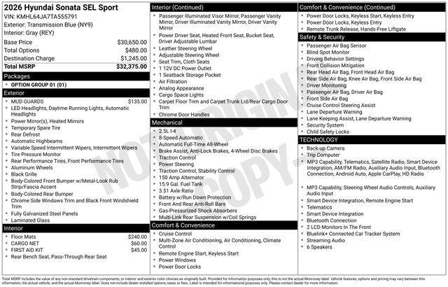 New 2026 Blue Hyundai SEL Sport image 38