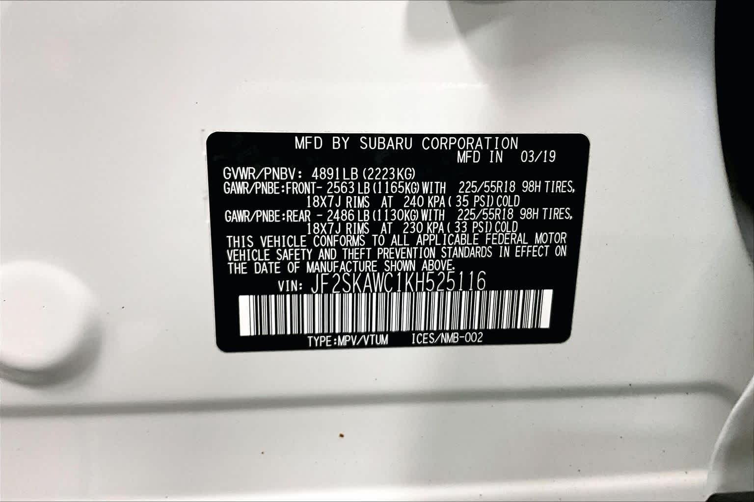 Used 2019 Crystal White Pearl Subaru Touring image 36