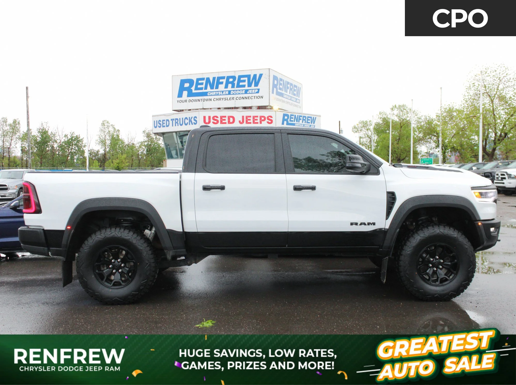 Certified Used 2025 White RAM RHO* Crew Cab 4x4, 3.0L Twin-Turbo I6, 540 HP, 2.5-Inch Lift, 37-Inch Tires, Head-Up Display image 1
