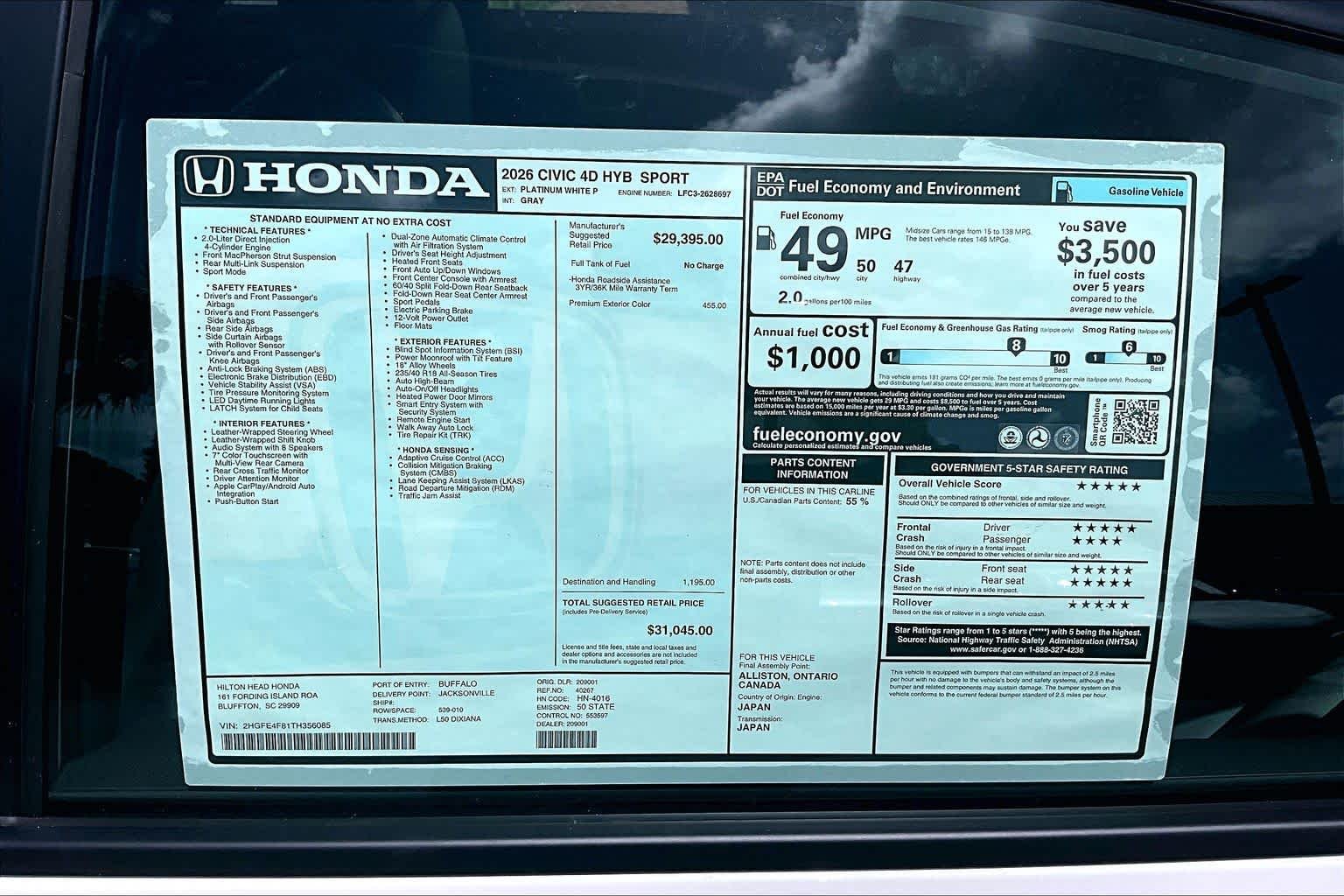 New 2026 Platinum White Pearl Honda 2WD Sport Hybrid image 17