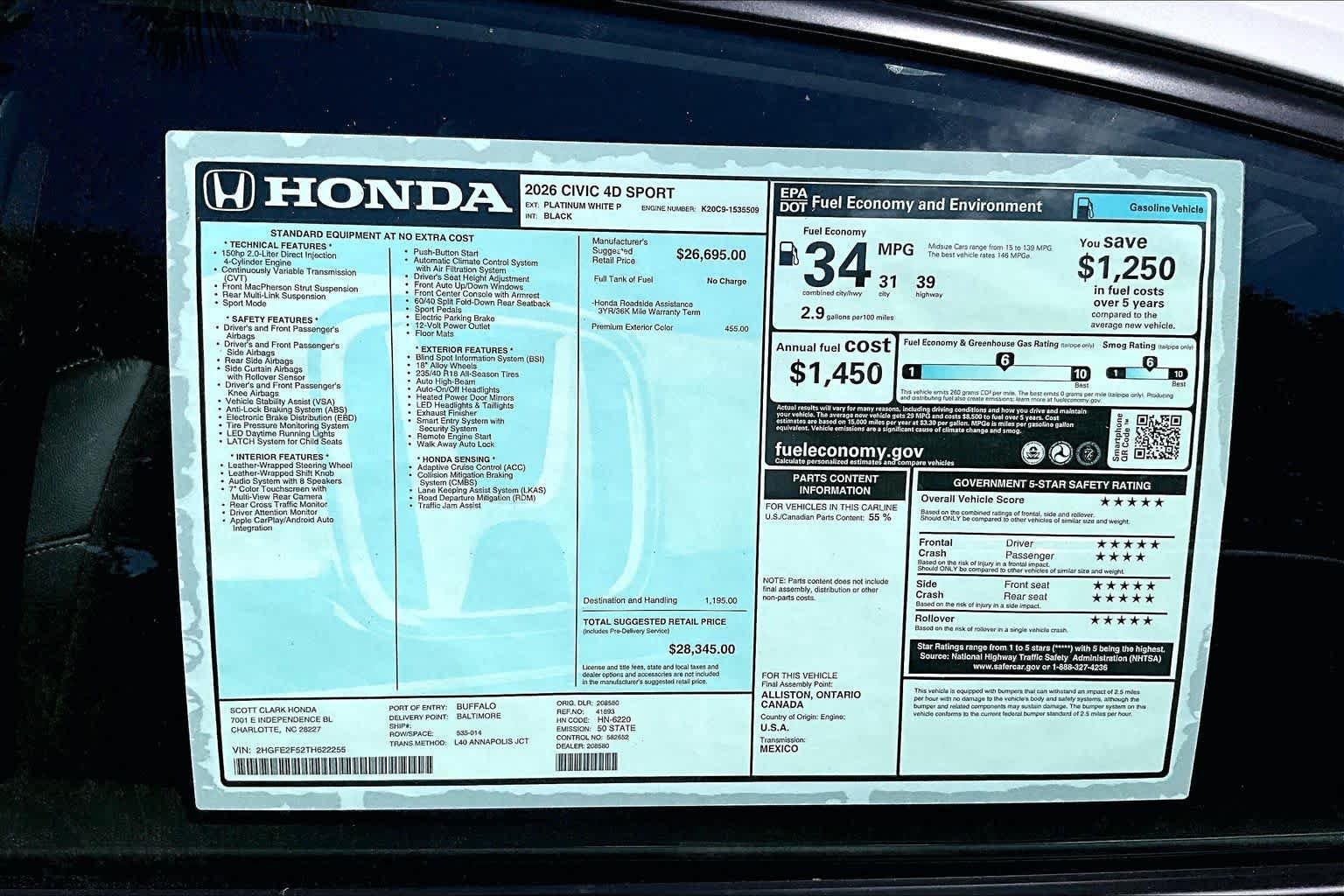 New 2026 Platinum White Pearl Honda 2WD SPORT image 17