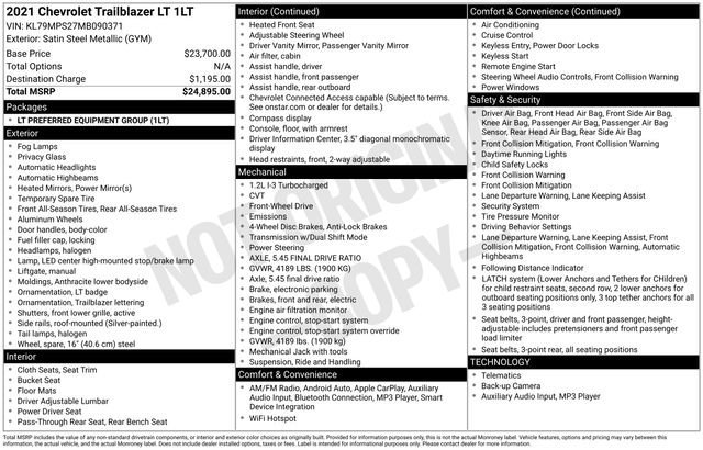 Used 2021 Chevrolet Trailblazer LT with VIN KL79MPS27MB090371 for sale in Grove City, OH