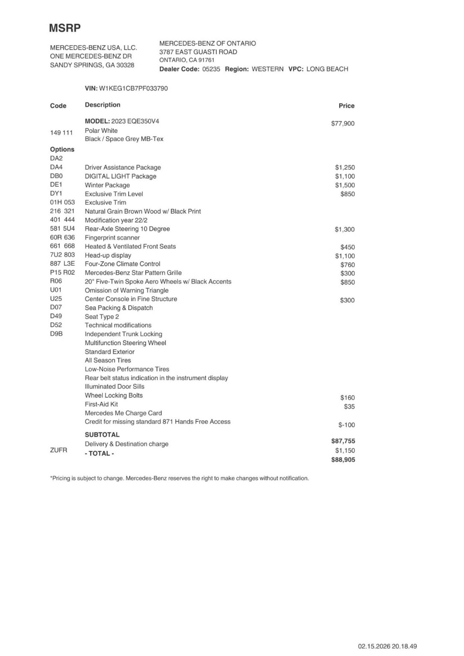 Certified 2023 Mercedes-Benz EQE Base with VIN W1KEG1CB7PF033790 for sale in Ontario, CA