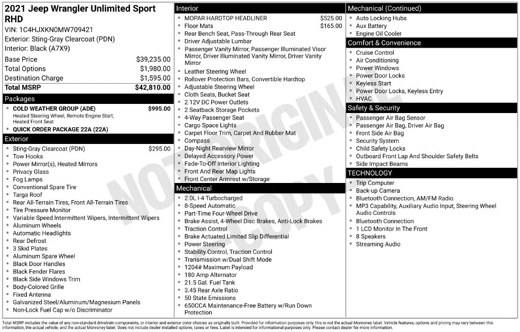 Used 2021 Gray Jeep Unlimited Sport RHD image 7