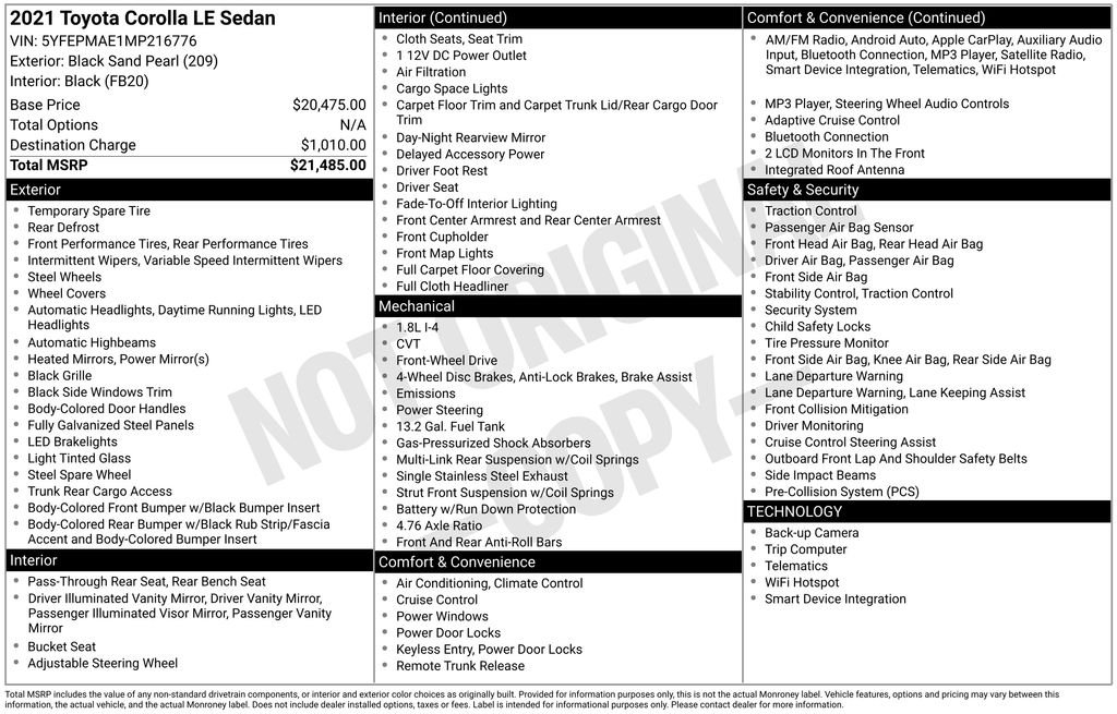 Used 2021 Toyota Corolla LE with VIN 5YFEPMAE1MP216776 for sale in Gainesville, FL