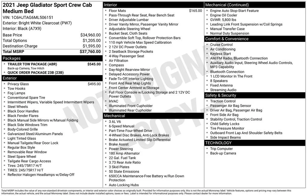 Used 2021 Jeep Gladiator Sport with VIN 1C6HJTAG6ML506151 for sale in Elk River, Minnesota