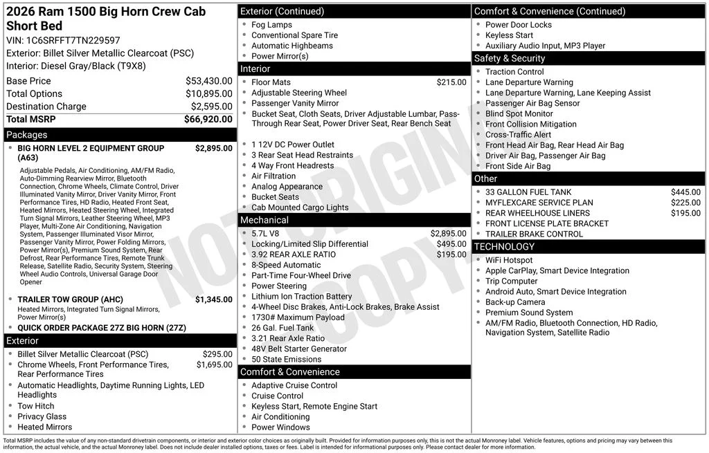 New 2026 Billet Silver Metallic Clear-Coat Exterior Paint RAM Big Horn/Lone Star image 6