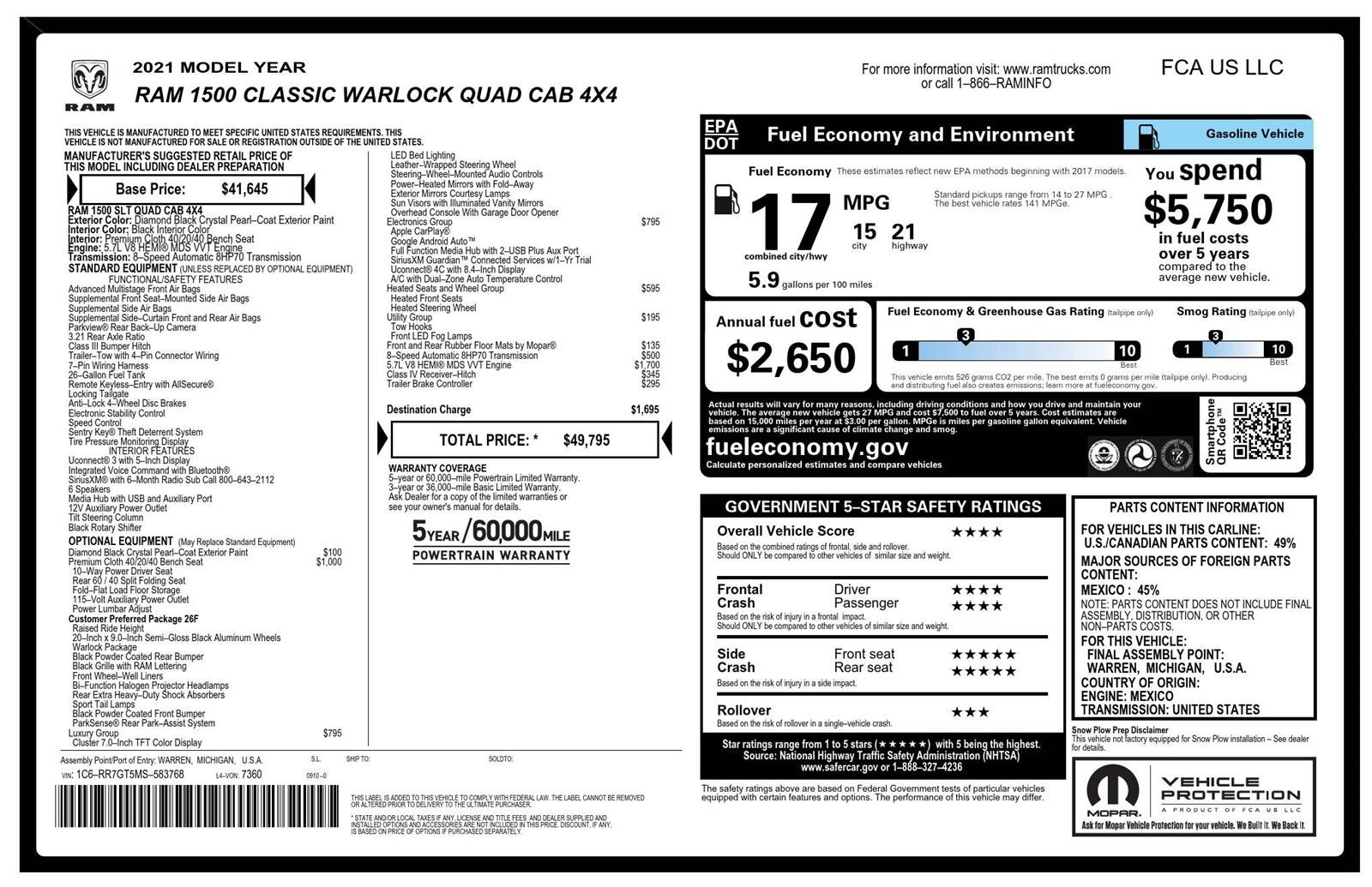 Certified Used 2021 Diamond Black Crystal Pearlcoat Ram Warlock image 2