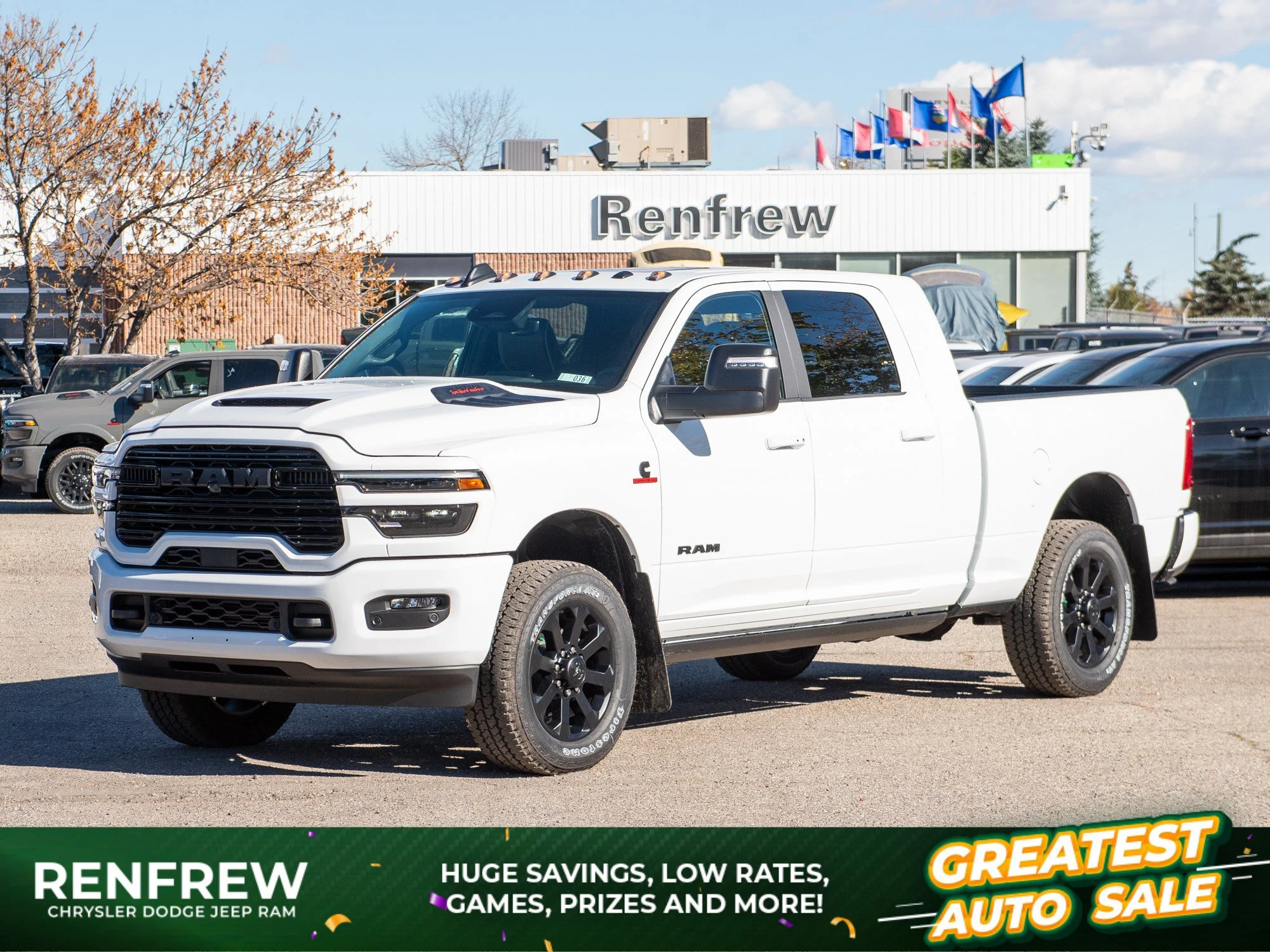 New 2027 White RAM Laramie Night* Mega Cab 4x4, Sunroof, Harman/Kardon, Pwr Running Boards image 1