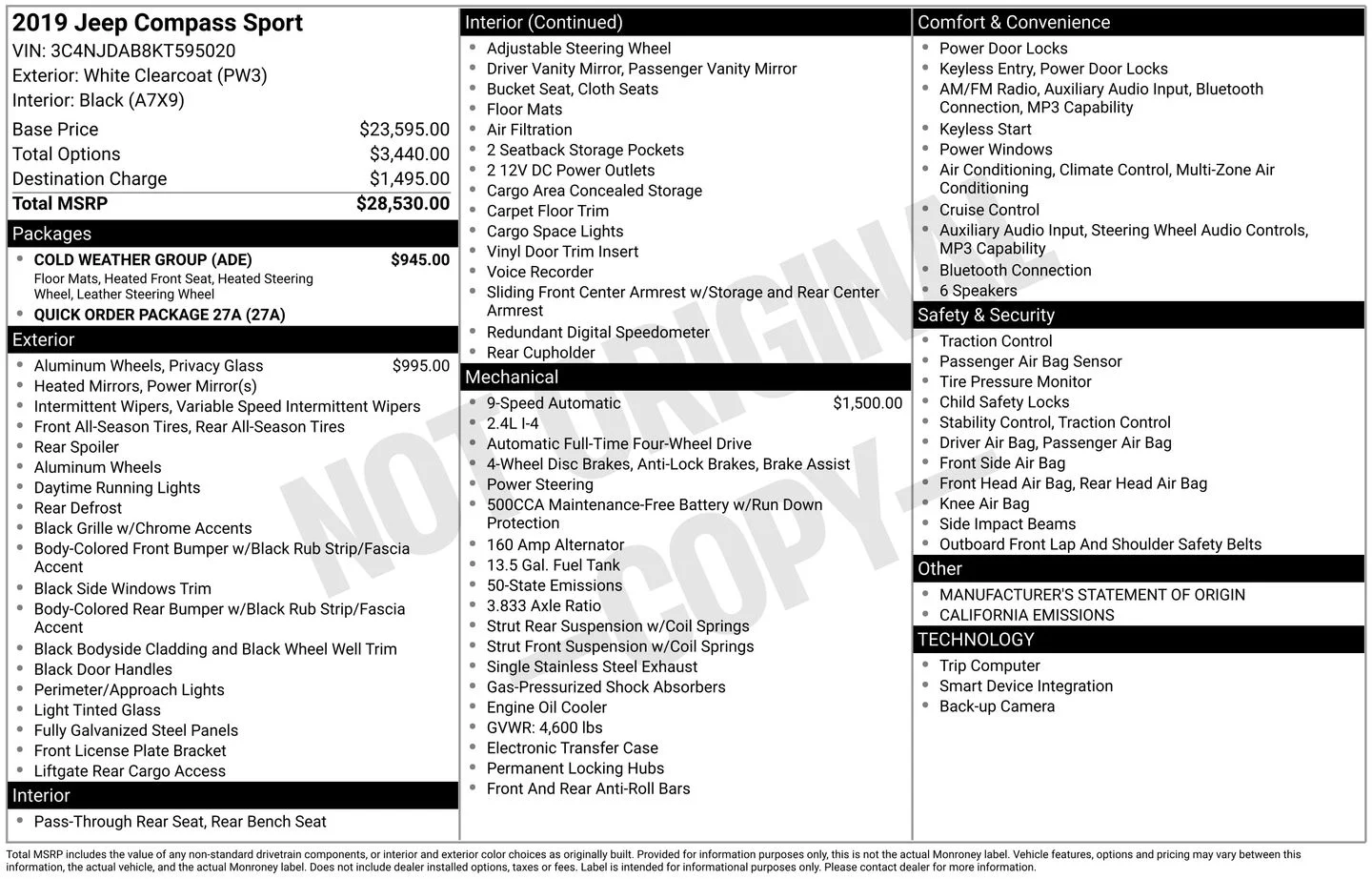 Used 2019 Jeep Compass Sport with VIN 3C4NJDAB8KT595020 for sale in Union Gap, WA