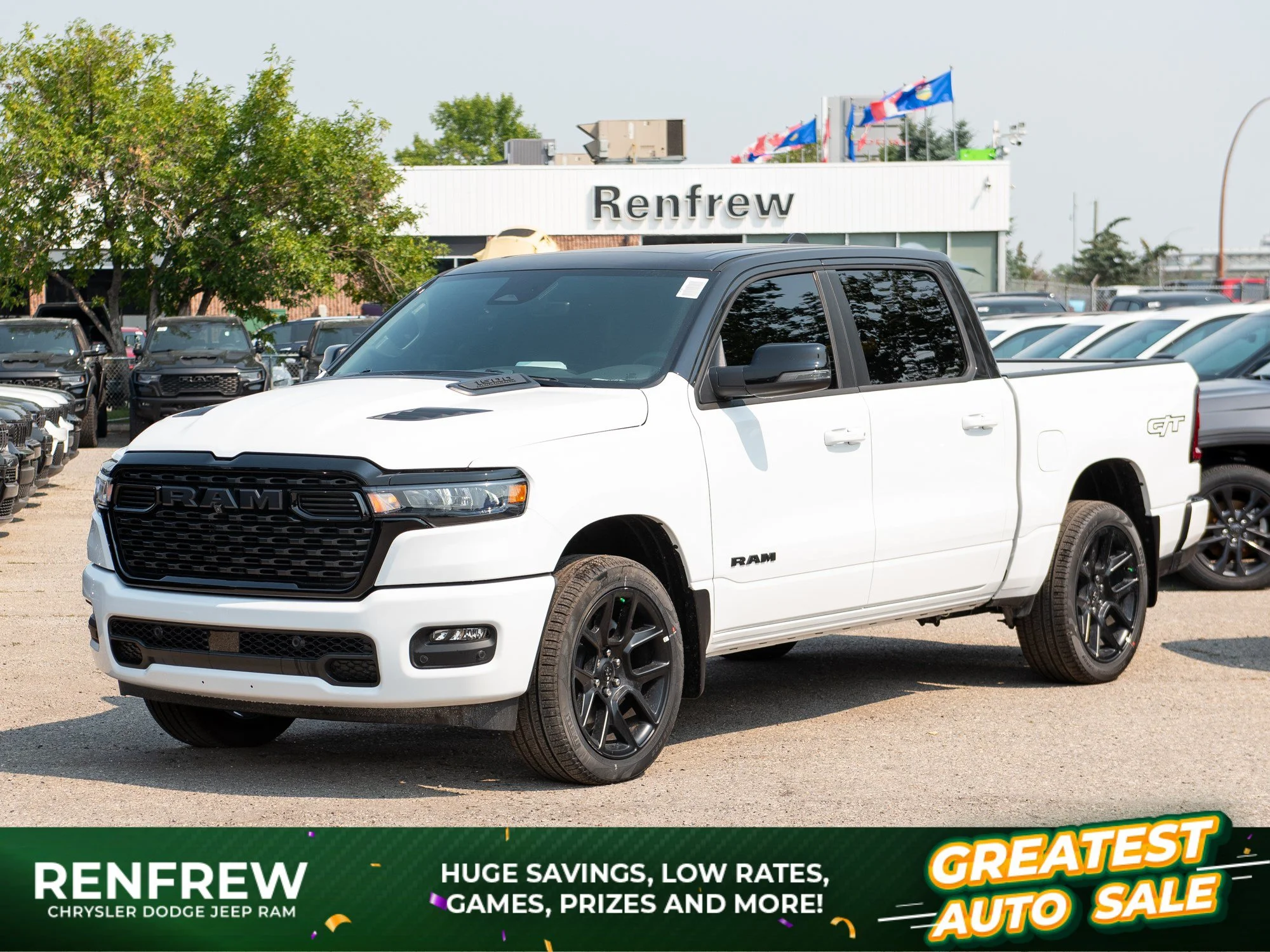 New 2026 White RAM Sport Night G/T* Crew Cab 4x4, Passenger Screen, Level 1 Equip Grp, 3.92 Rear Axle Ratio image 1