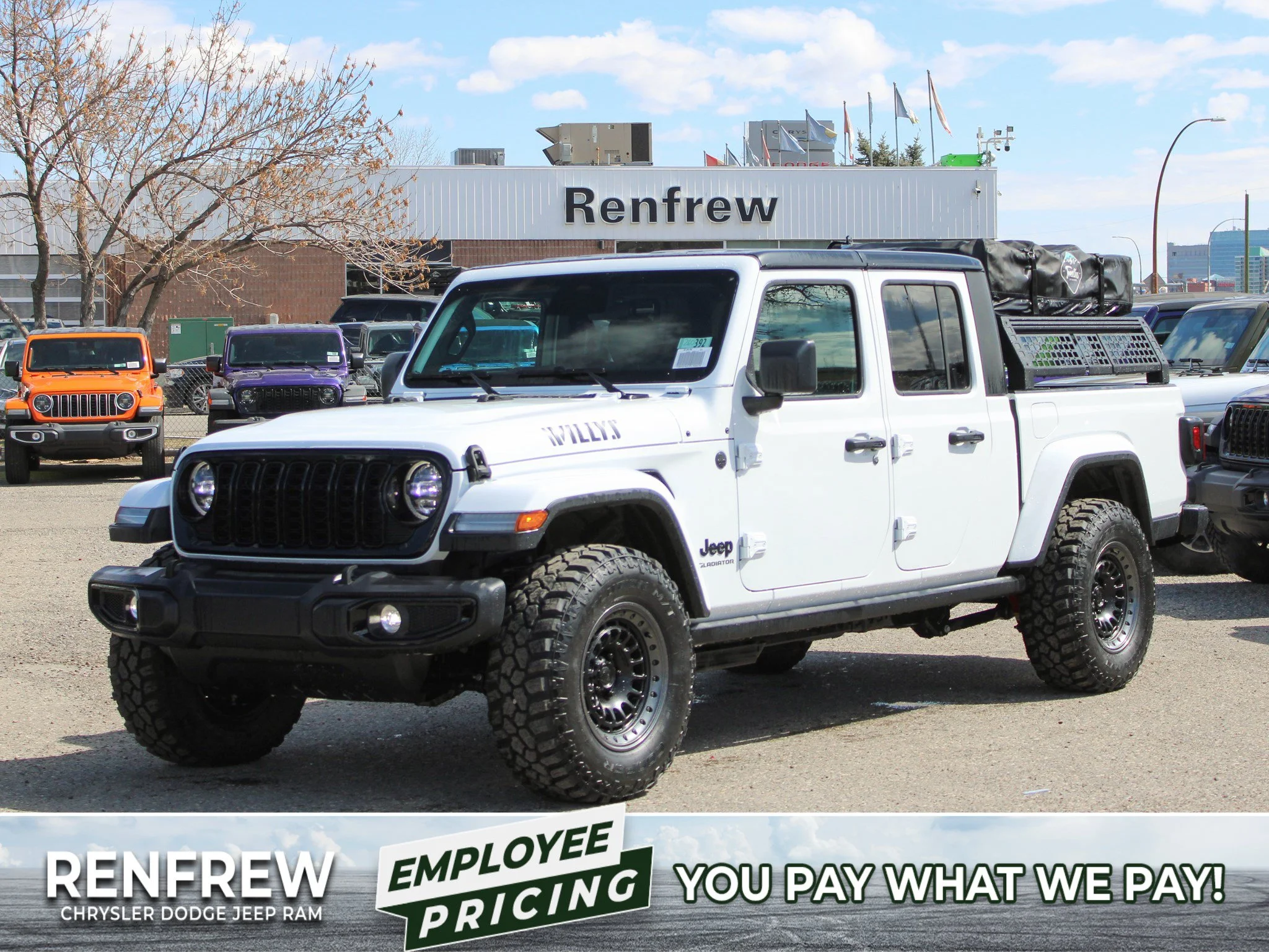 New 2026 White Jeep Willys*, Black Rhino Wheels, 33 Inch Tires, Treeline Outdoors Rooftop Tent image 1