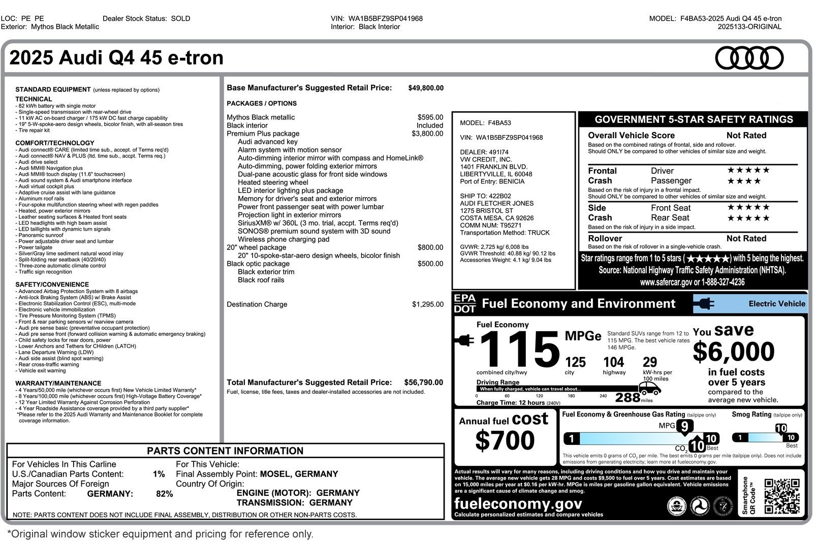 Used 2025 Audi Q4 e-tron Premium Plus with VIN WA1B5BFZ9SP041968 for sale in Costa Mesa, CA