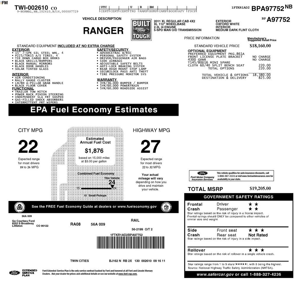 Used 2011 Ford Ranger XL with VIN 1FTKR1AD2BPA97752 for sale in Tucson, AZ