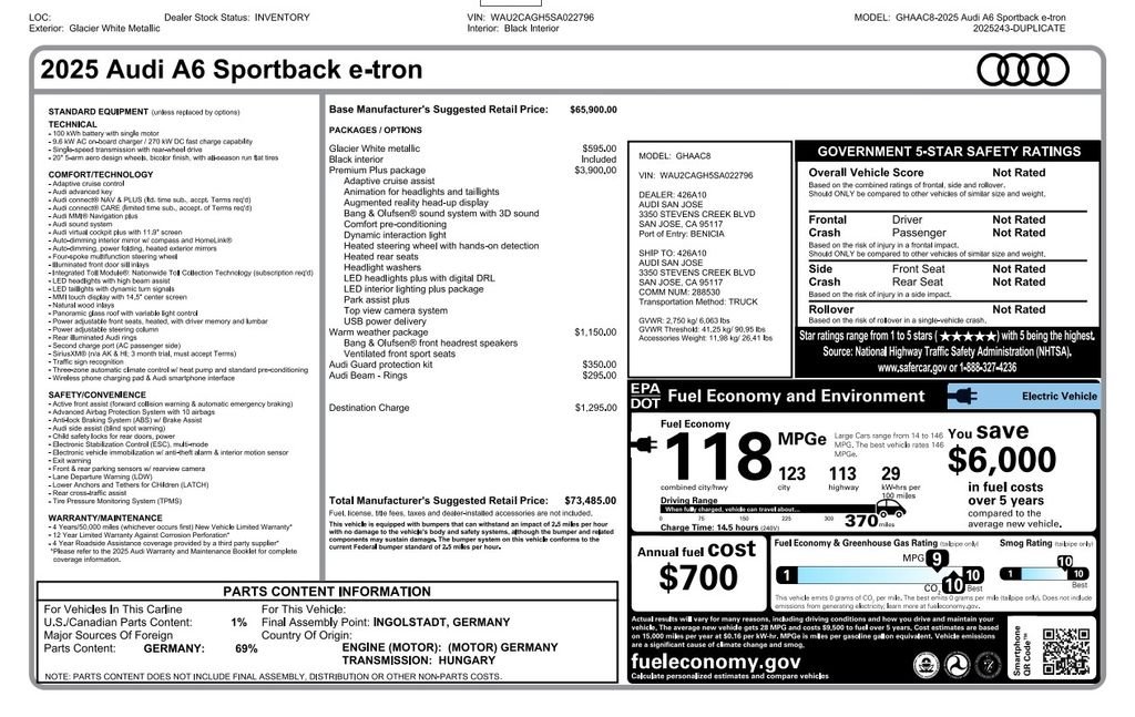 Used 2025 Audi A6 Sportback e-tron Premium Plus with VIN WAU2CAGH5SA022796 for sale in Tempe, AZ