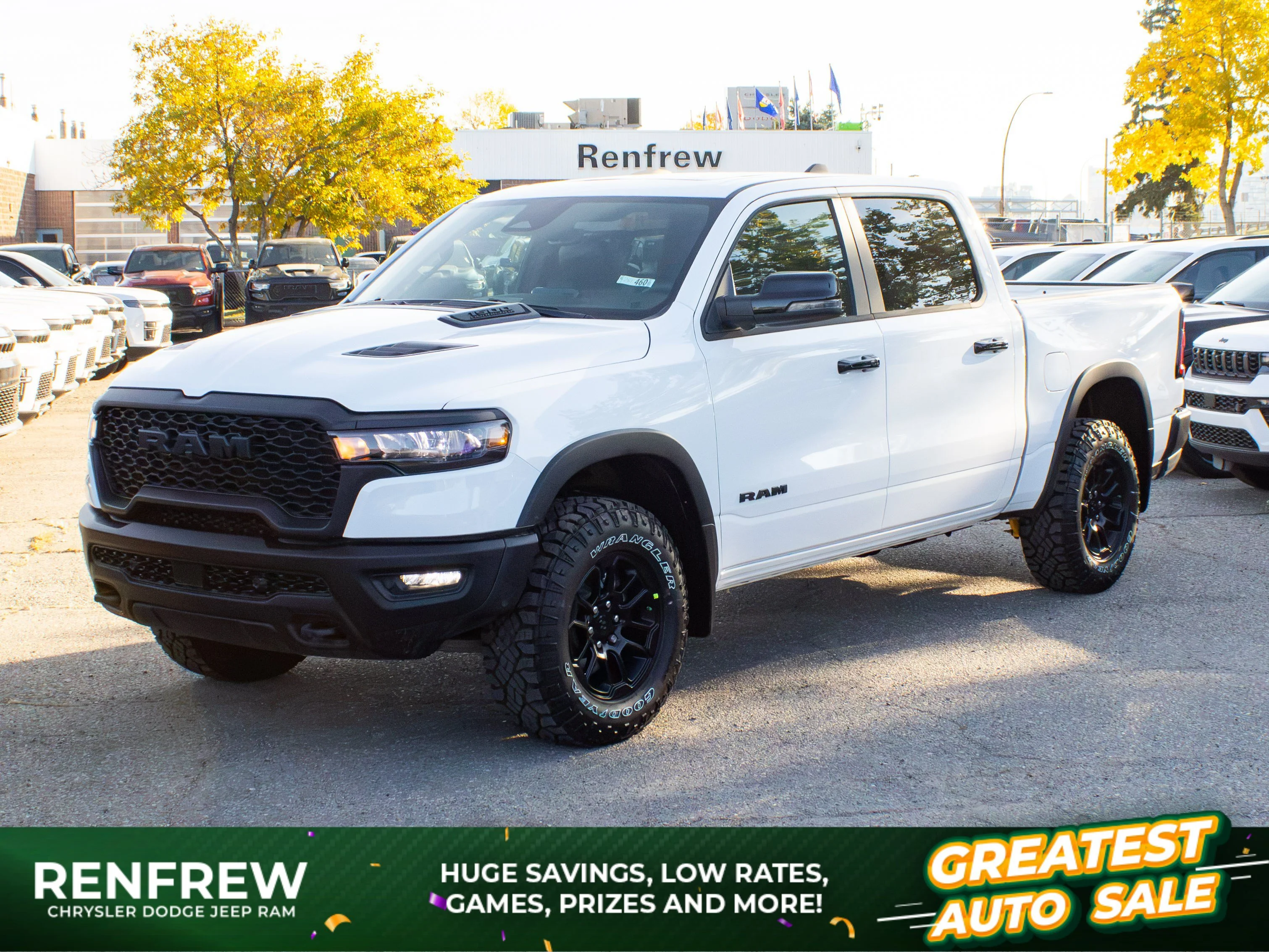 New 2026 White RAM Rebel* Crew Cab 4x4, Passenger Screen, Harman/Kardon, 33 Inch Tires image 1