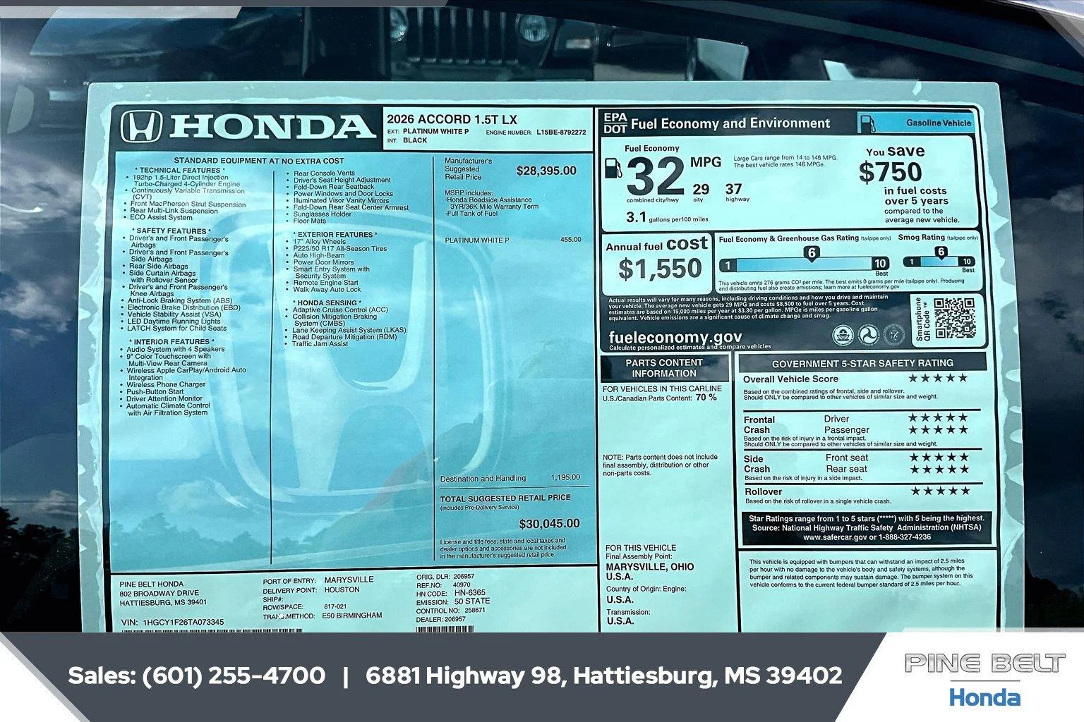 New 2026 Platinum White Pearl Honda LX CVT image 12