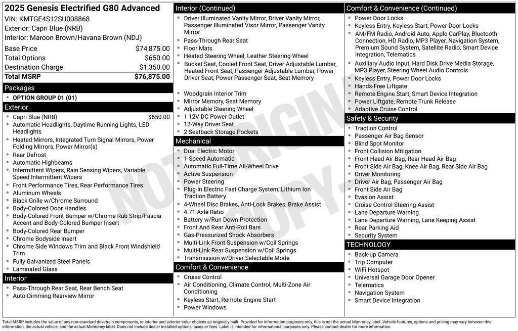 Certified 2025 GENESIS Electrified G80 Base with VIN KMTGE4S12SU008868 for sale in Highland Park, IL